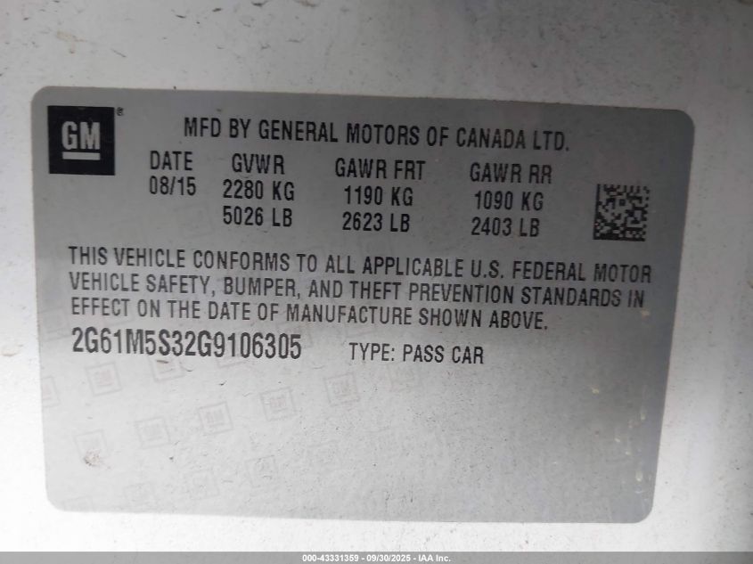 2016 Cadillac Xts Luxury Collection VIN: 2G61M5S32G9106305 Lot: 43331359