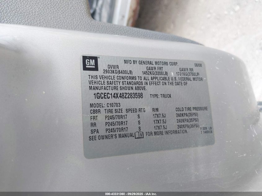2008 Chevrolet Silverado 1500 Work Truck VIN: 1GCEC14X48Z283598 Lot: 43331360