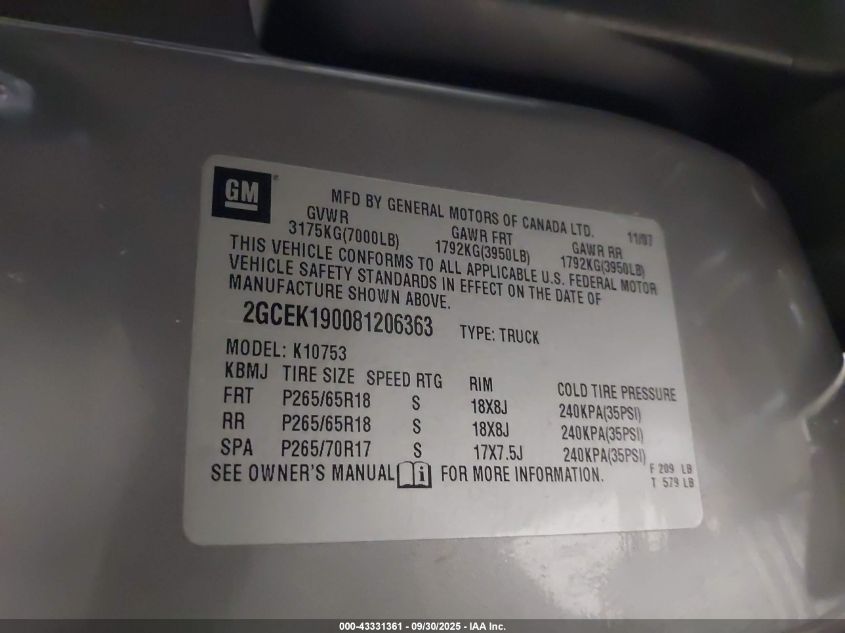 2008 Chevrolet Silverado 1500 Lt1 VIN: 2GCEK190081206363 Lot: 43331361