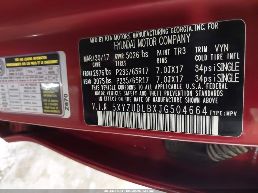 2018 Hyundai Santa Fe Sport 2.4L VIN: 5XYZUDLBXJG504664 Lot: 43331363