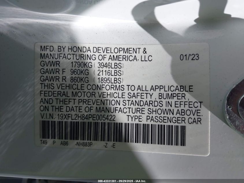 2023 Honda Civic Sport VIN: 19XFL2H84PE005422 Lot: 43331381