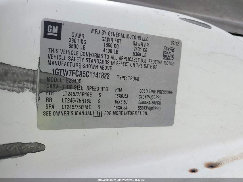 2012 GMC Savana 2500 Work Van VIN: 1GTW7FCA5C1141822 Lot: 43331382