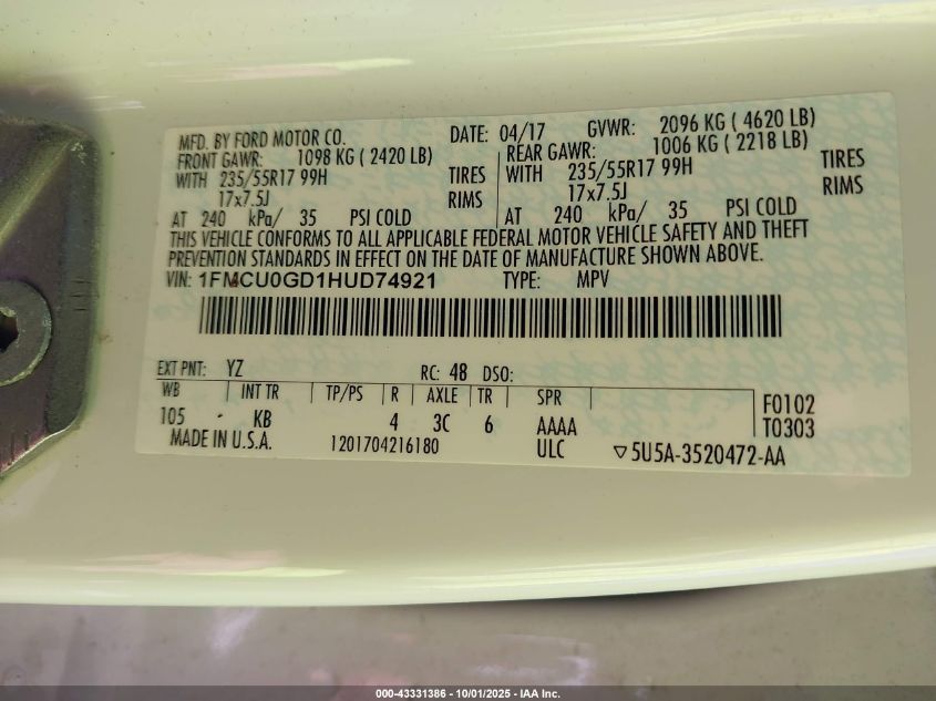 2017 Ford Escape Se VIN: 1FMCU0GD1HUD74921 Lot: 43331386