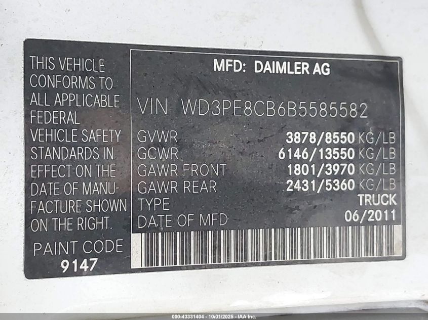 2011 Mercedes-Benz Sprinter 2500 High Roof VIN: WD3PE8CB6B5585582 Lot: 43331404