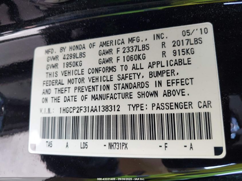 2010 Honda Accord 2.4 Lx VIN: 1HGCP2F31AA138312 Lot: 43331409