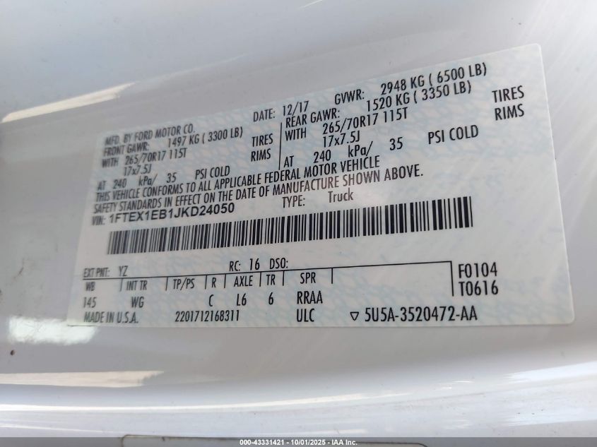 2018 Ford F-150 Xl VIN: 1FTEX1EB1JKD24050 Lot: 43331421