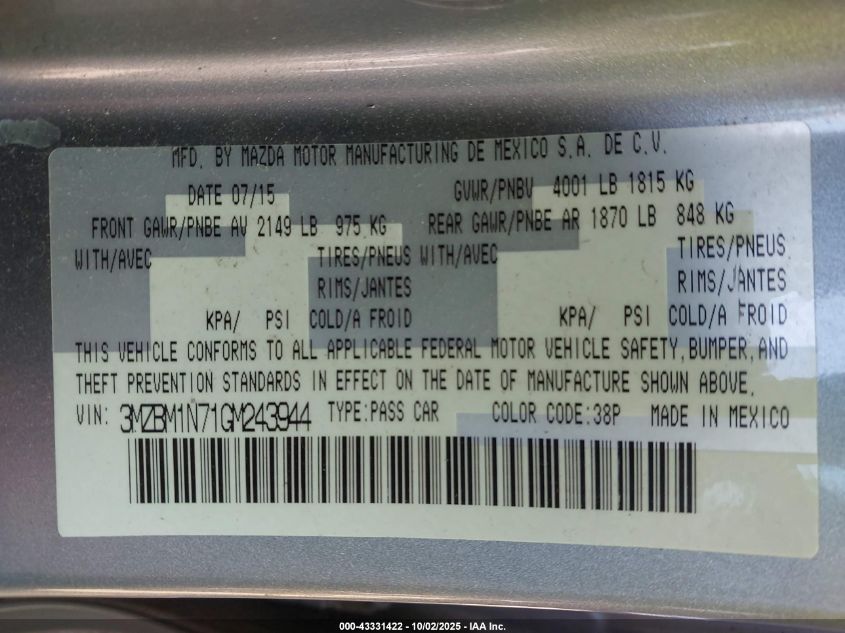 2016 Mazda Mazda3 I Grand Touring VIN: 3MZBM1N71GM243944 Lot: 43331422