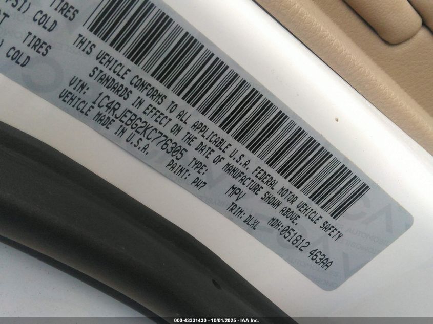 2019 Jeep Grand Cherokee Limited 4X2 VIN: 1C4RJEBG2KC776305 Lot: 43331430