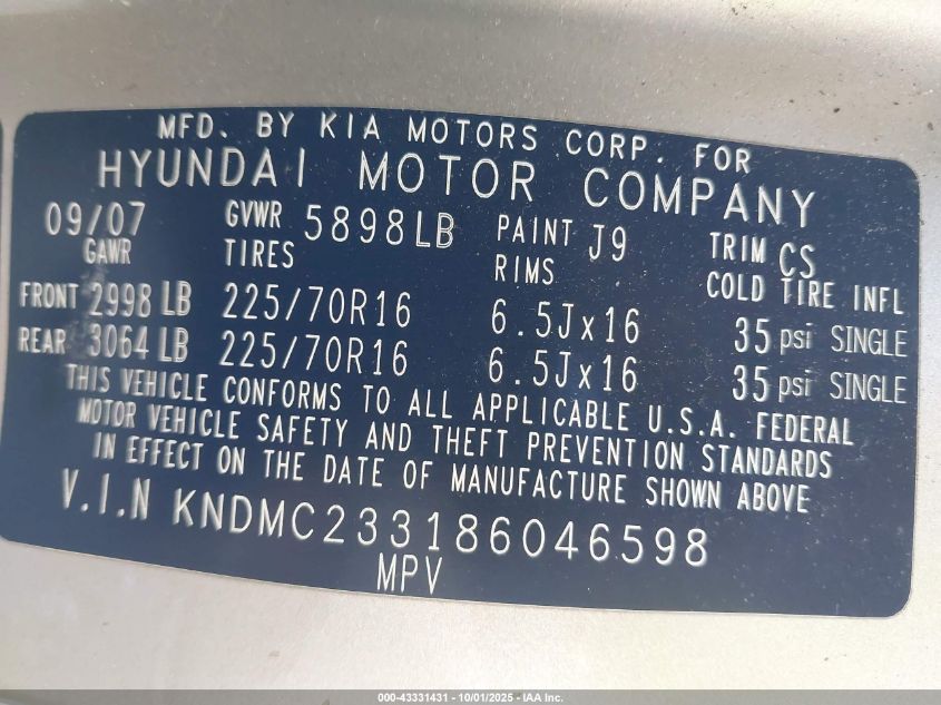 2008 Hyundai Entourage Gls/Limited VIN: KNDMC233186046598 Lot: 43331431