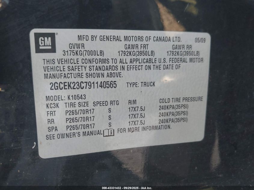 2009 Chevrolet Silverado 1500 Lt VIN: 2GCEK23C791140565 Lot: 43331432