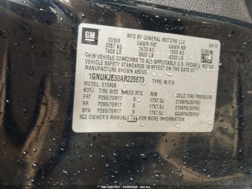 2010 Chevrolet Suburban 1500 Lt1 VIN: 1GNUKJE30AR225673 Lot: 43331437