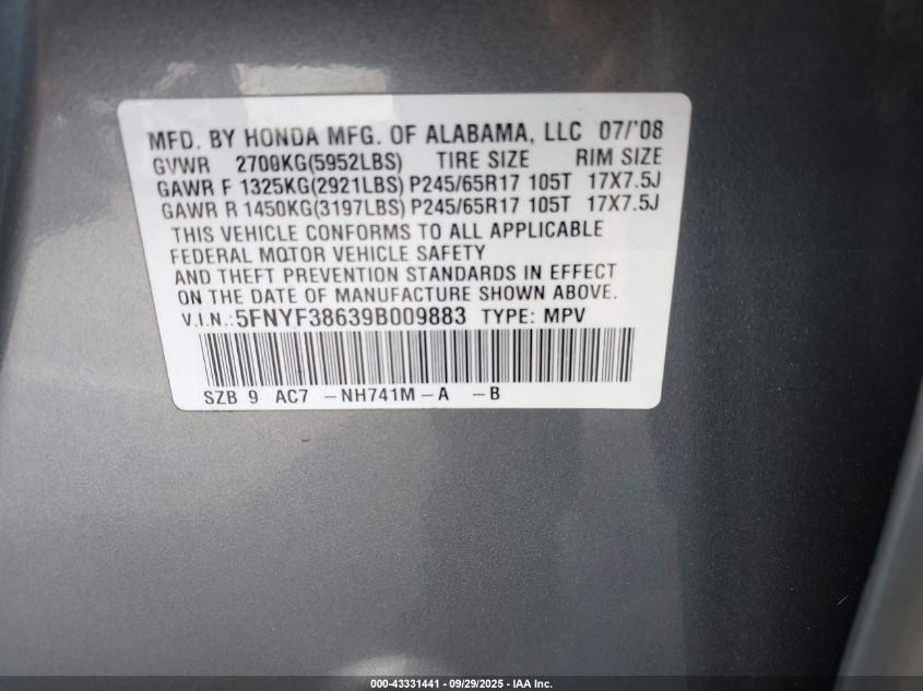 2009 Honda Pilot Ex-L VIN: 5FNYF38639B009883 Lot: 43331441