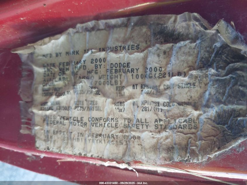 2000 Dodge Ram Van 1500 Conversion VIN: 2B6HB11YXYK146153 Lot: 43331450