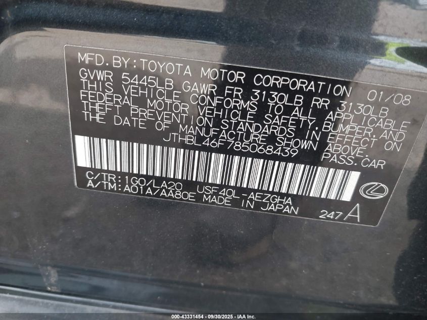 2008 Lexus Ls 460 VIN: JTHBL46F785068439 Lot: 43331454