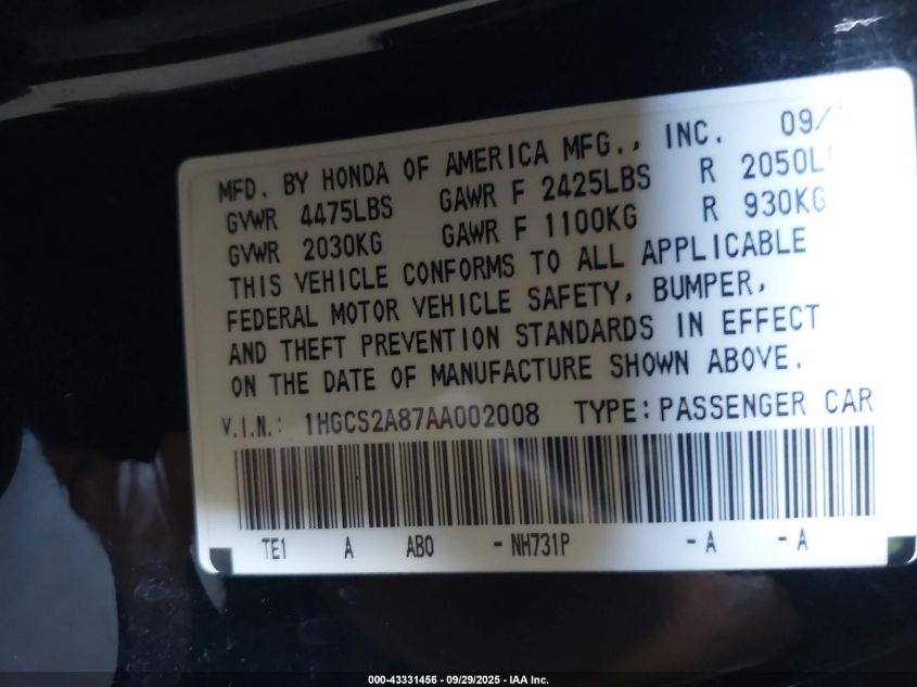 2010 Honda Accord 3.5 Ex-L VIN: 1HGCS2A87AA002008 Lot: 43331456
