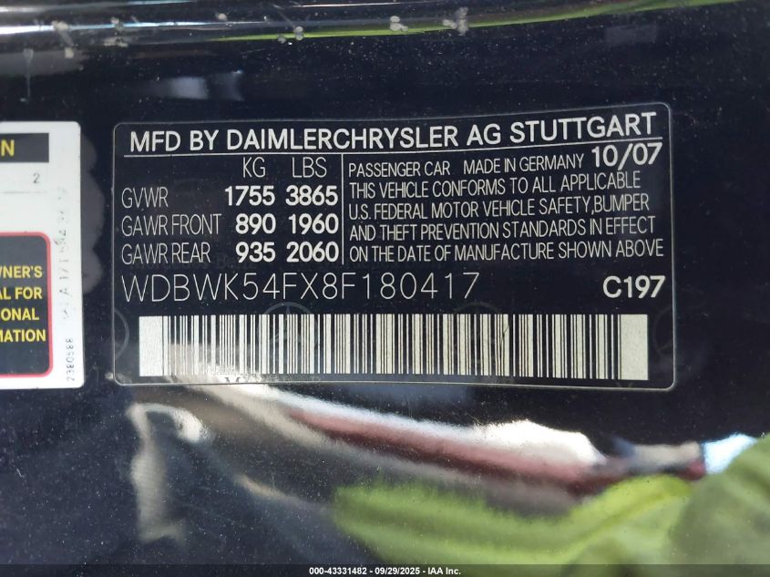 2008 Mercedes-Benz Slk 280 VIN: WDBWK54FX8F180417 Lot: 43331482