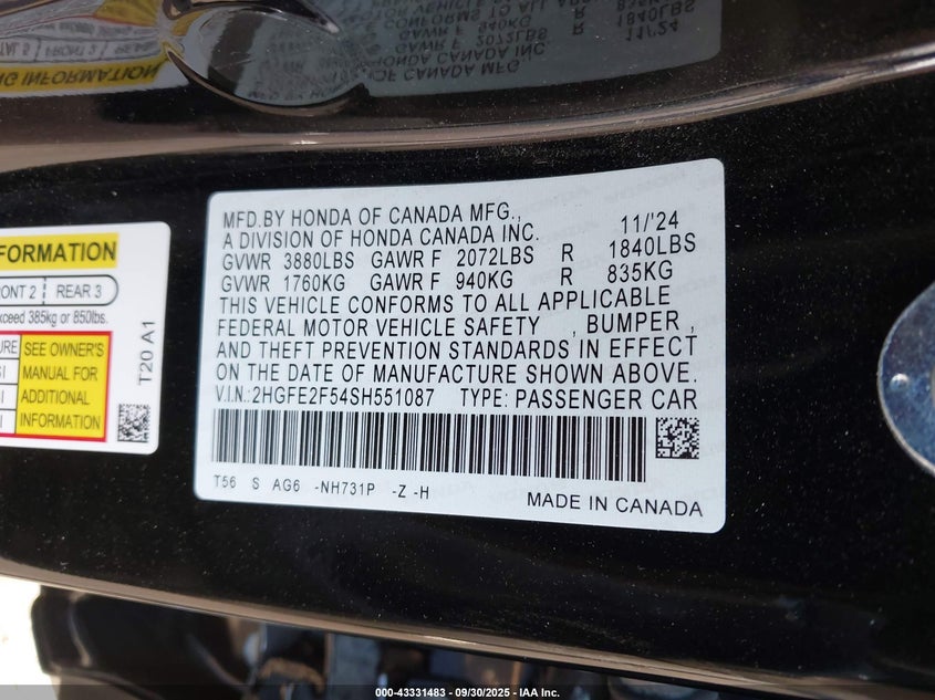 2025 HONDA CIVIC(VIN: 2HGFE2F54SH551087
