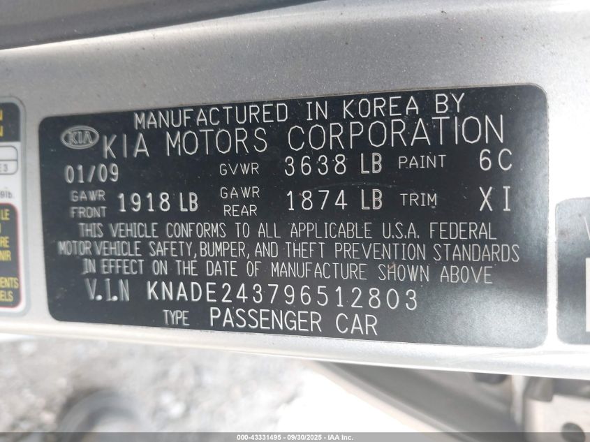 2009 Kia Rio5 Sx VIN: KNADE243796512803 Lot: 43331495