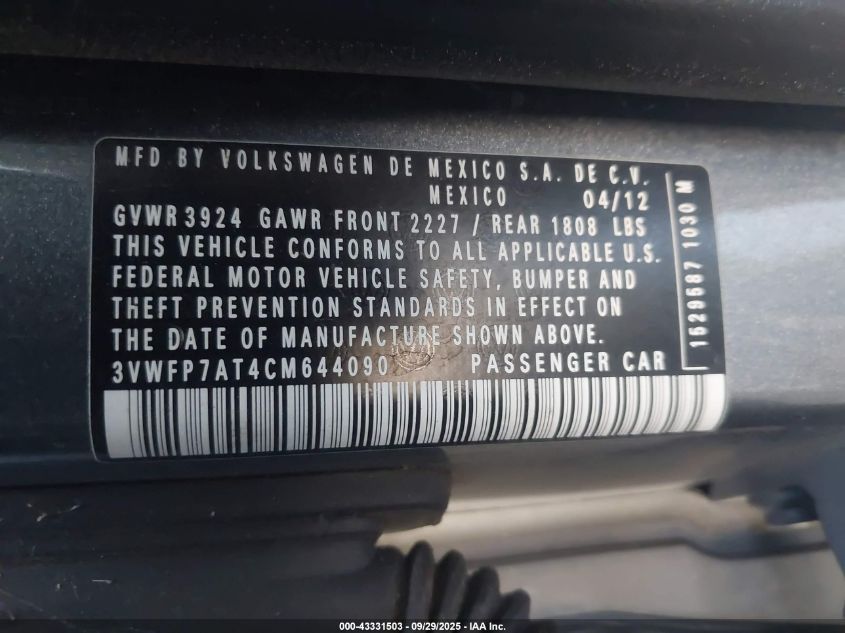 2012 Volkswagen Beetle Entry VIN: 3VWFP7AT4CM644090 Lot: 43331503