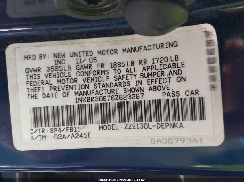 2006 Toyota Corolla Le VIN: 1NXBR30E76Z623267 Lot: 43331506