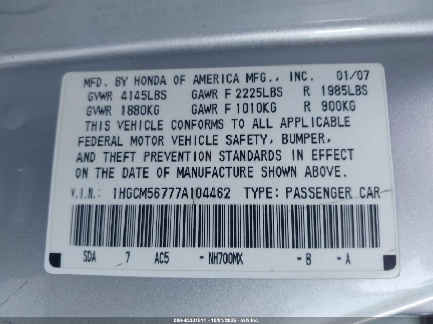 2007 Honda Accord 2.4 Ex VIN: 1HGCM56777A104462 Lot: 43331511