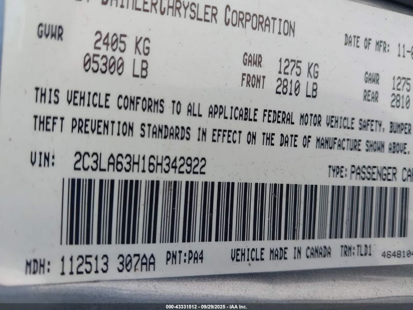 2006 Chrysler 300C VIN: 2C3LA63H16H342922 Lot: 43331512