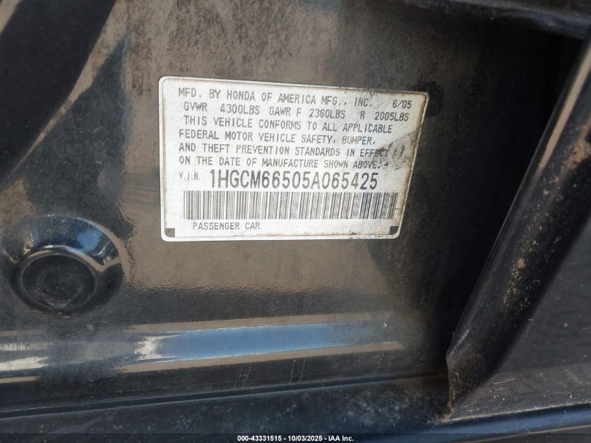 2005 Honda Accord 3.0 Ex VIN: 1HGCM66505A065425 Lot: 43331515