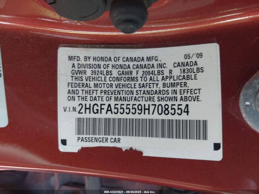 2009 Honda Civic Si VIN: 2HGFA55559H708554 Lot: 43331521