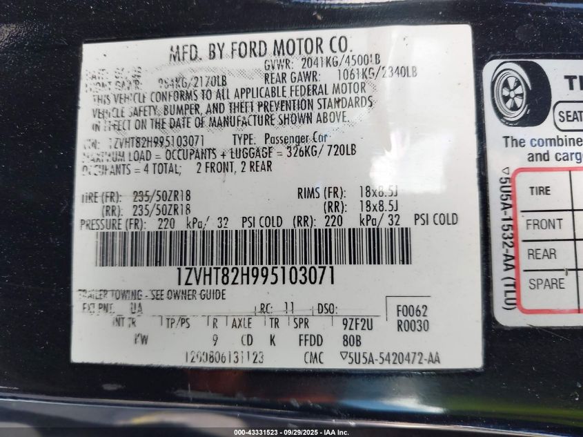 2009 Ford Mustang Gt Premium VIN: 1ZVHT82H995103071 Lot: 43331523