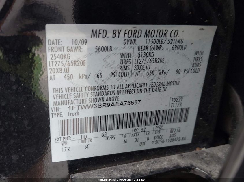 2010 Ford F-350 Cabela's/Harley-Davidson/King Ranch/Lariat/Xl/Xlt VIN: 1FTWW3BR9AEA78657 Lot: 43331530