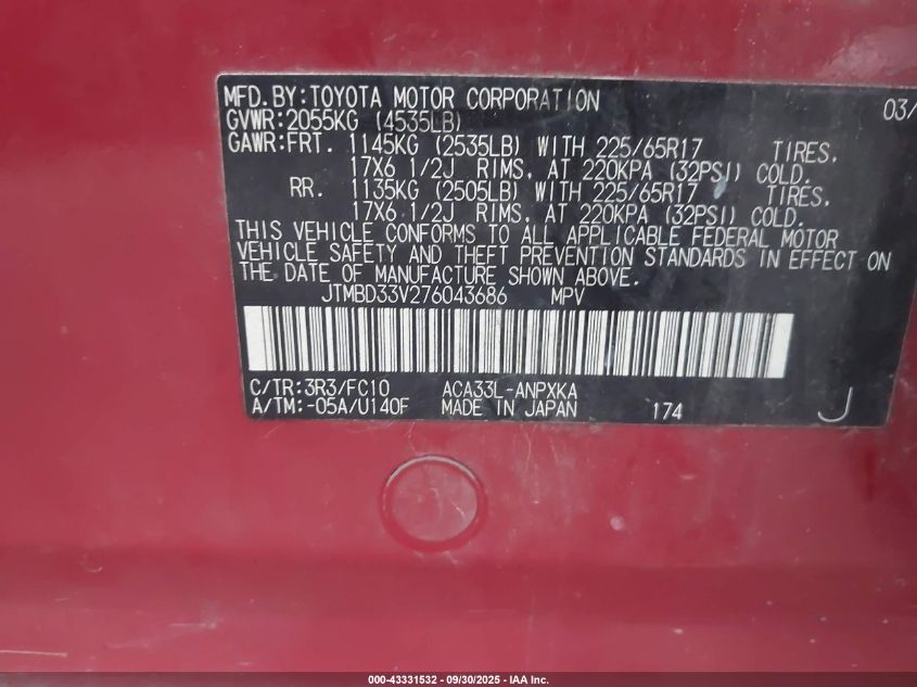 2007 Toyota Rav4 VIN: JTMBD33V276043686 Lot: 43331532