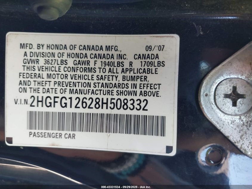 2008 Honda Civic Lx VIN: 2HGFG12628H508332 Lot: 43331534