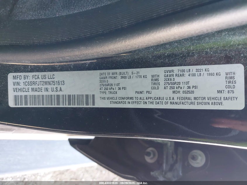 2021 RAM 1500 LARAMIE  4X4 5'7 BOX - 1C6SRFJT2MN751613