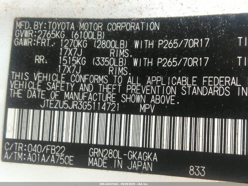 2016 Toyota 4Runner Sr5 VIN: JTEZU5JR3G5114721 Lot: 43331542