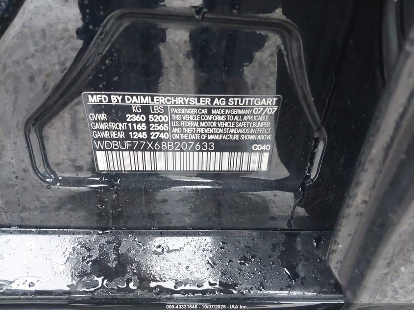 2008 Mercedes-Benz E 63 Amg VIN: WDBUF77X68B207633 Lot: 43331546