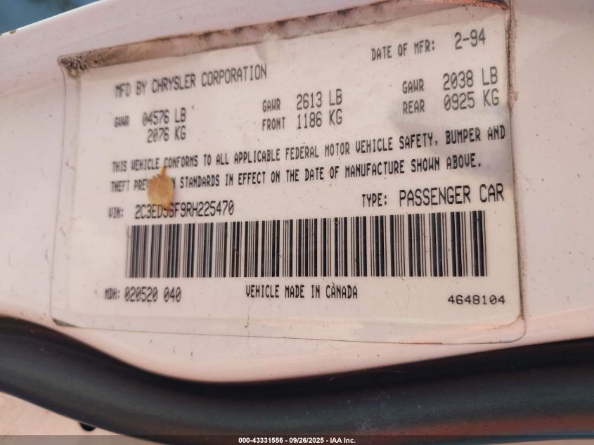 1994 Chrysler Lhs VIN: 2C3ED56F9RH225470 Lot: 43331556