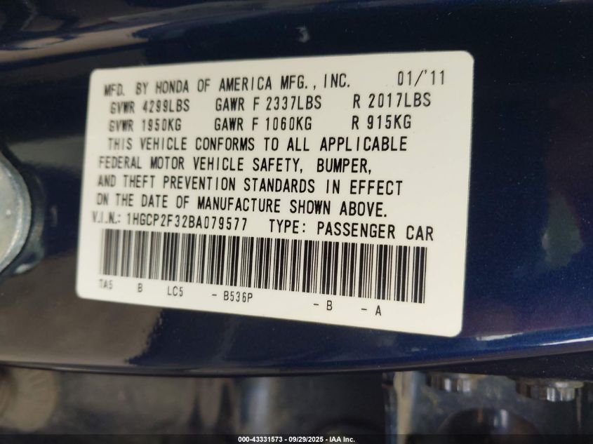 2011 Honda Accord 2.4 Lx VIN: 1HGCP2F32BA079577 Lot: 43331573