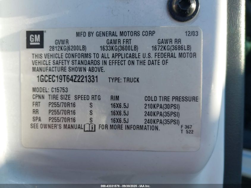 2004 Chevrolet Silverado 1500 Work Truck VIN: 1GCEC19T64Z221331 Lot: 43331576