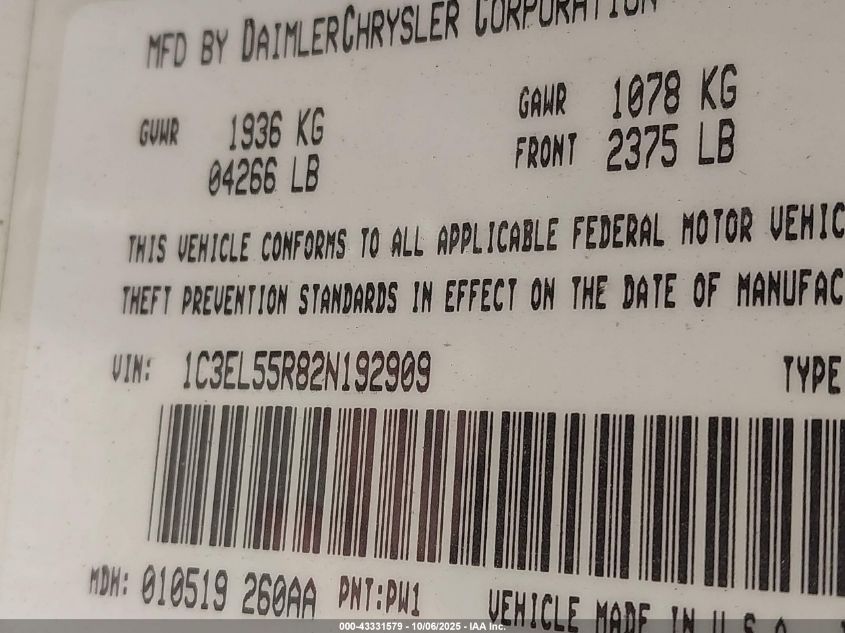 2002 Chrysler Sebring Lxi VIN: 1C3EL55R82N192909 Lot: 43331579