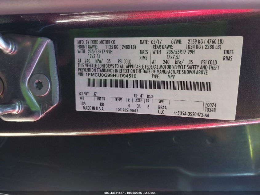 2017 Ford Escape Se VIN: 1FMCU0G99HUD94510 Lot: 43331587