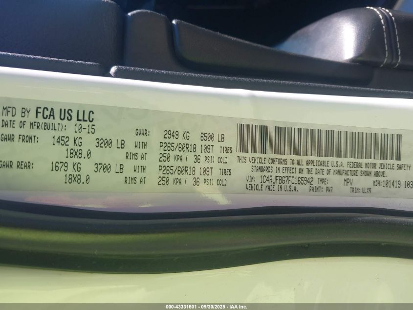 2015 Jeep Grand Cherokee Limited VIN: 1C4RJFBG7FC165942 Lot: 43331601