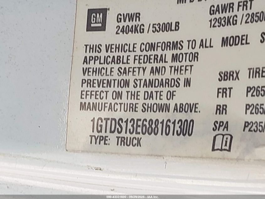 2008 GMC Canyon Sle2 VIN: 1GTDS13E688161300 Lot: 43331600