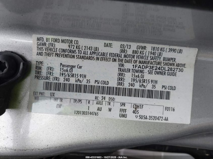 2013 Ford Focus S VIN: 1FADP3E24DL282730 Lot: 43331603