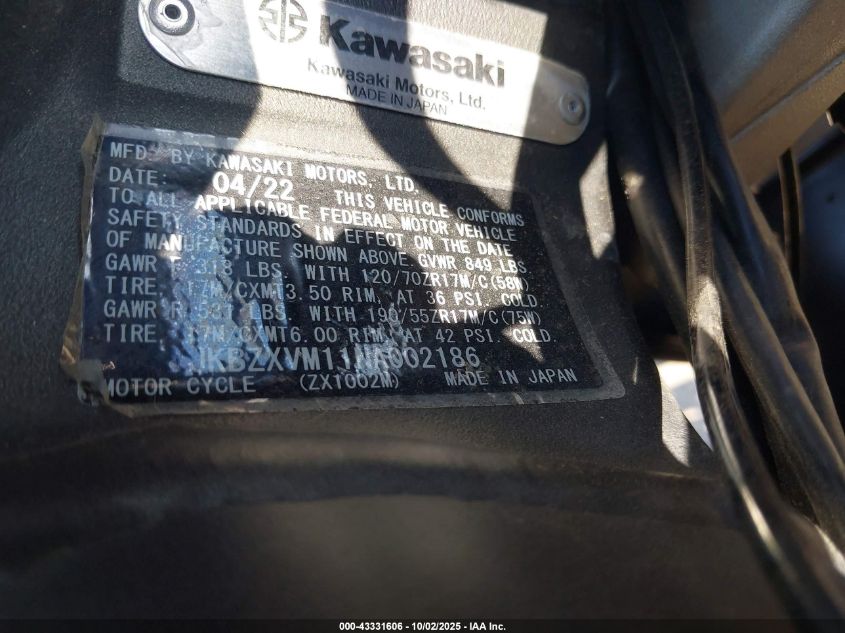 2022 Kawasaki Zx1002 M VIN: JKBZXVM11NA002186 Lot: 43331606