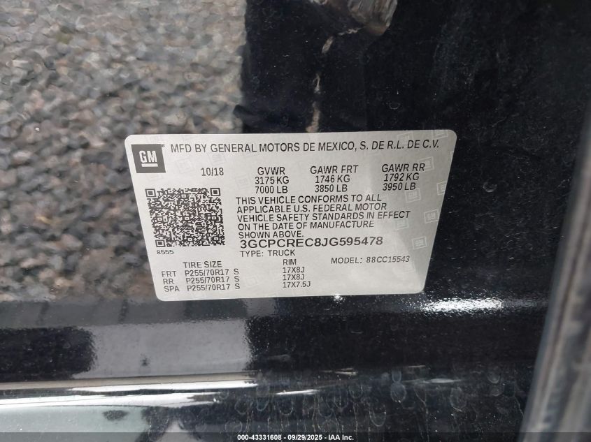 2018 Chevrolet Silverado 1500 1Lt VIN: 3GCPCREC8JG595478 Lot: 43331608