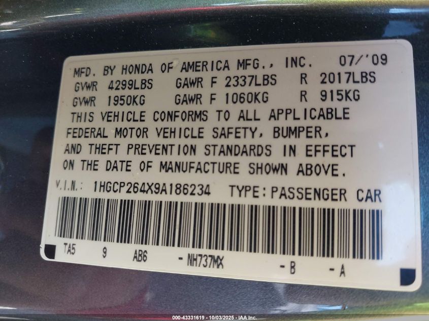 2009 Honda Accord 2.4 Lx-P VIN: 1HGCP264X9A186234 Lot: 43331619