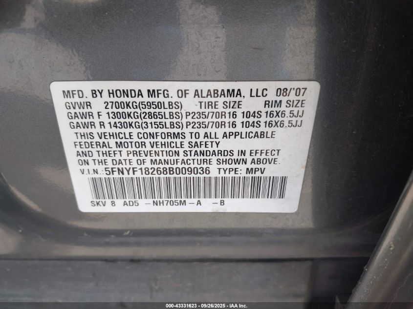 2008 Honda Pilot Vp VIN: 5FNYF18268B009036 Lot: 43331623