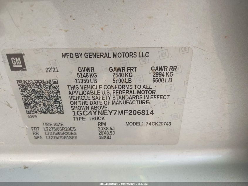 2021 Chevrolet Silverado 2500Hd 4Wd Standard Bed Lt VIN: 1GC4YNEY7MF206814 Lot: 43331625