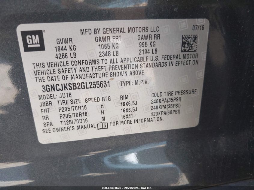 2016 Chevrolet Trax 1Ls VIN: 3GNCJKSB2GL255631 Lot: 43331626