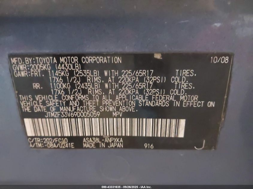 2009 Toyota Rav4 VIN: JTMZF33V69D005059 Lot: 43331635